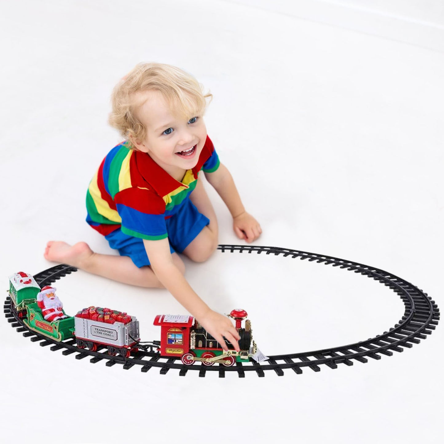 Electric Train Set Kid Toy Xmas Steam Train Kit Tree Surround Track Battery Operated with Sound Light Santa Claus Christmas Gift