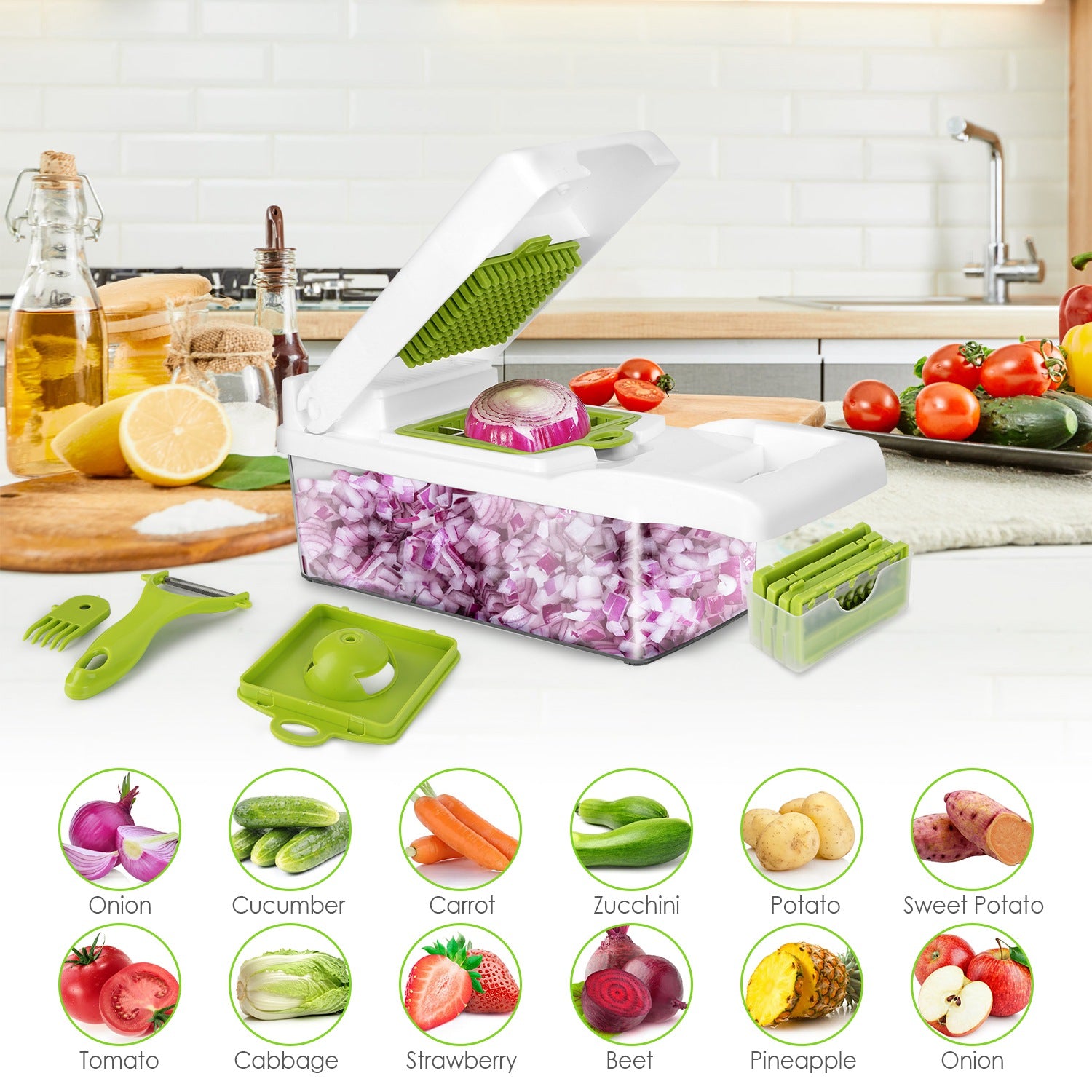 1Set 12 in 1 Vegetable Chopper with Container Kitchen Food Slicer Dicer Grater Peeler Egg Separator Hand Protector for Onion Salad Potato