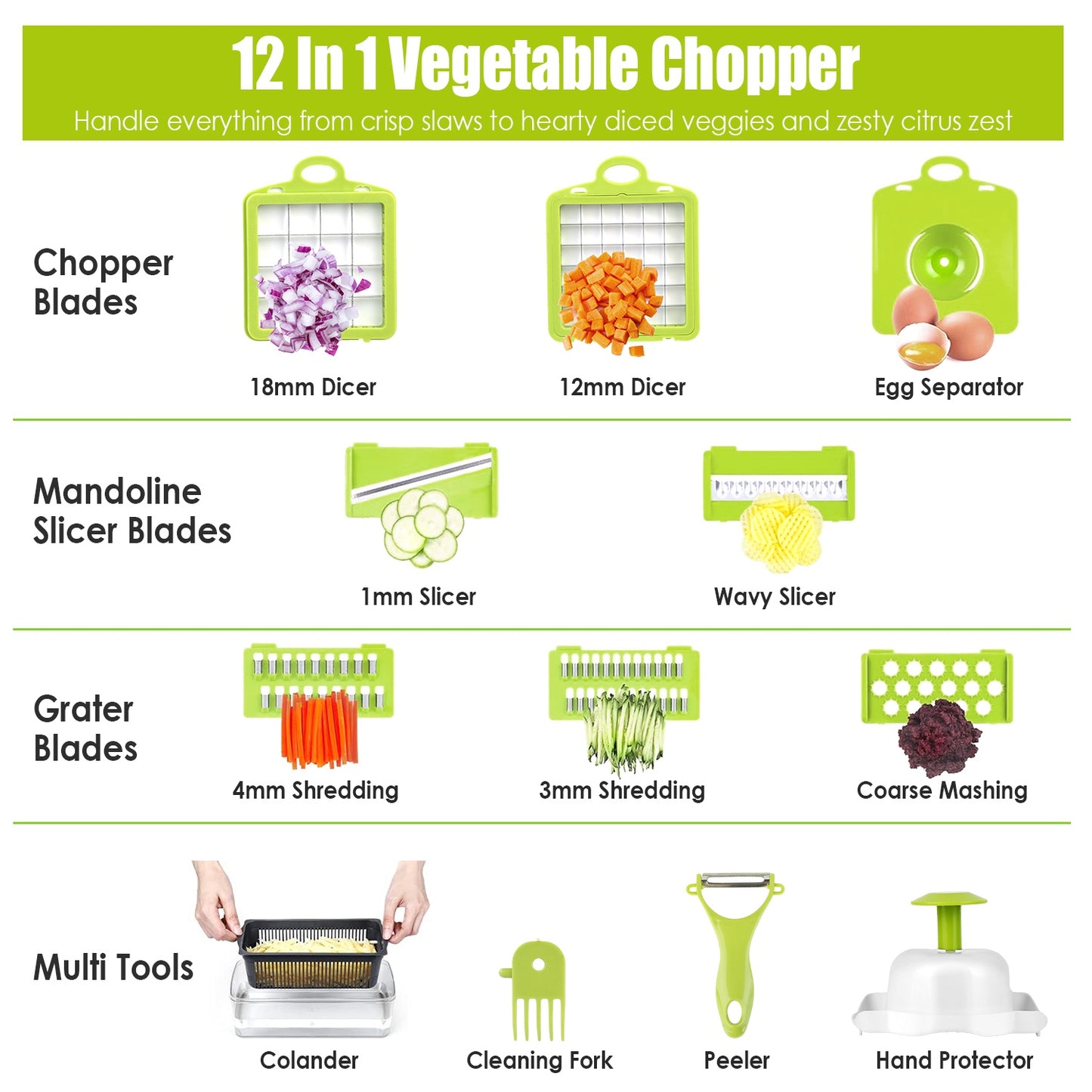 1Set 12 in 1 Vegetable Chopper with Container Kitchen Food Slicer Dicer Grater Peeler Egg Separator Hand Protector for Onion Salad Potato