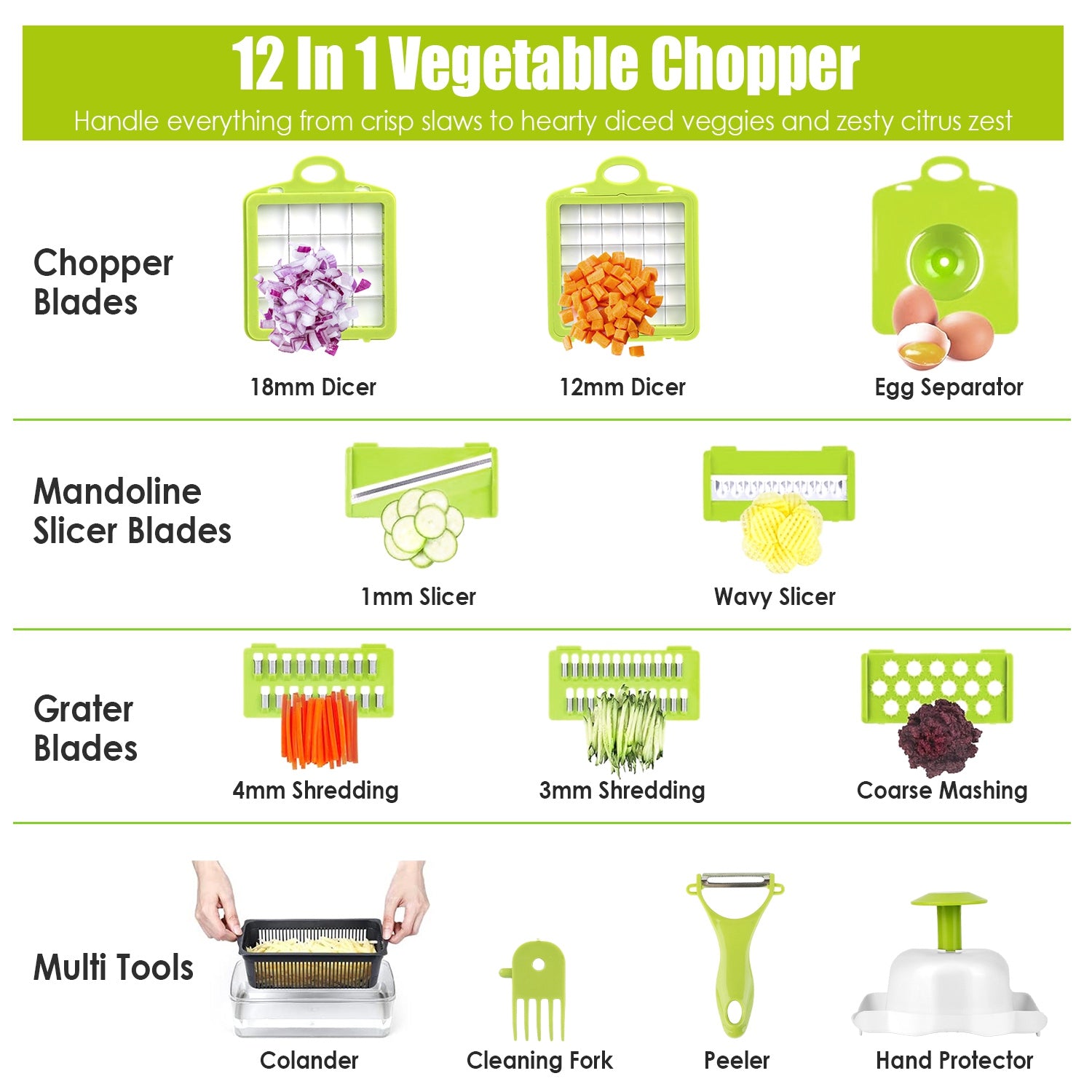 1Set 12 in 1 Vegetable Chopper with Container Kitchen Food Slicer Dicer Grater Peeler Egg Separator Hand Protector for Onion Salad Potato