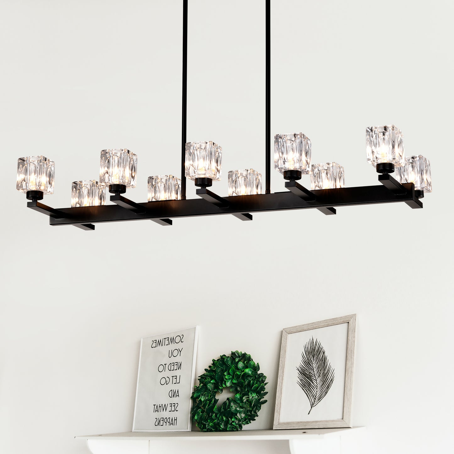 Chandelier for Dining Room, 10-Light Black Farmhouse Linear Pendant Light Fixture, Modern Crystal Hanging Lighting Chandelier for Kitchen Island, Bar, Long Table, G9 Bulb