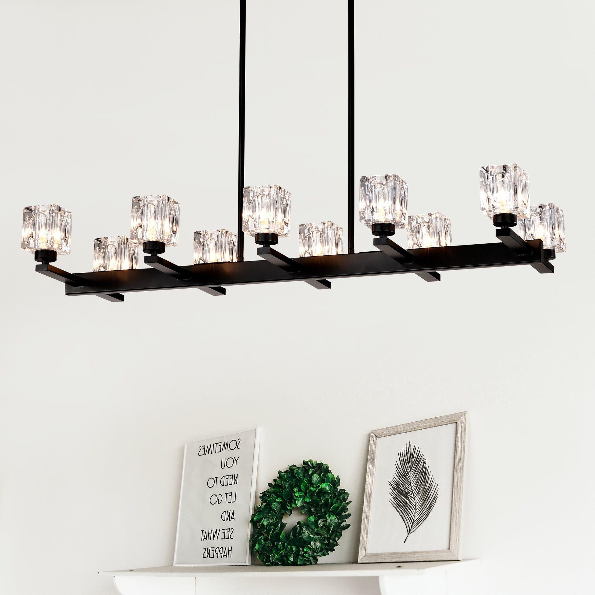 Chandelier for Dining Room, 10-Light Black Farmhouse Linear Pendant Light Fixture, Modern Crystal Hanging Lighting Chandelier for Kitchen Island, Bar, Long Table, G9 Bulb
