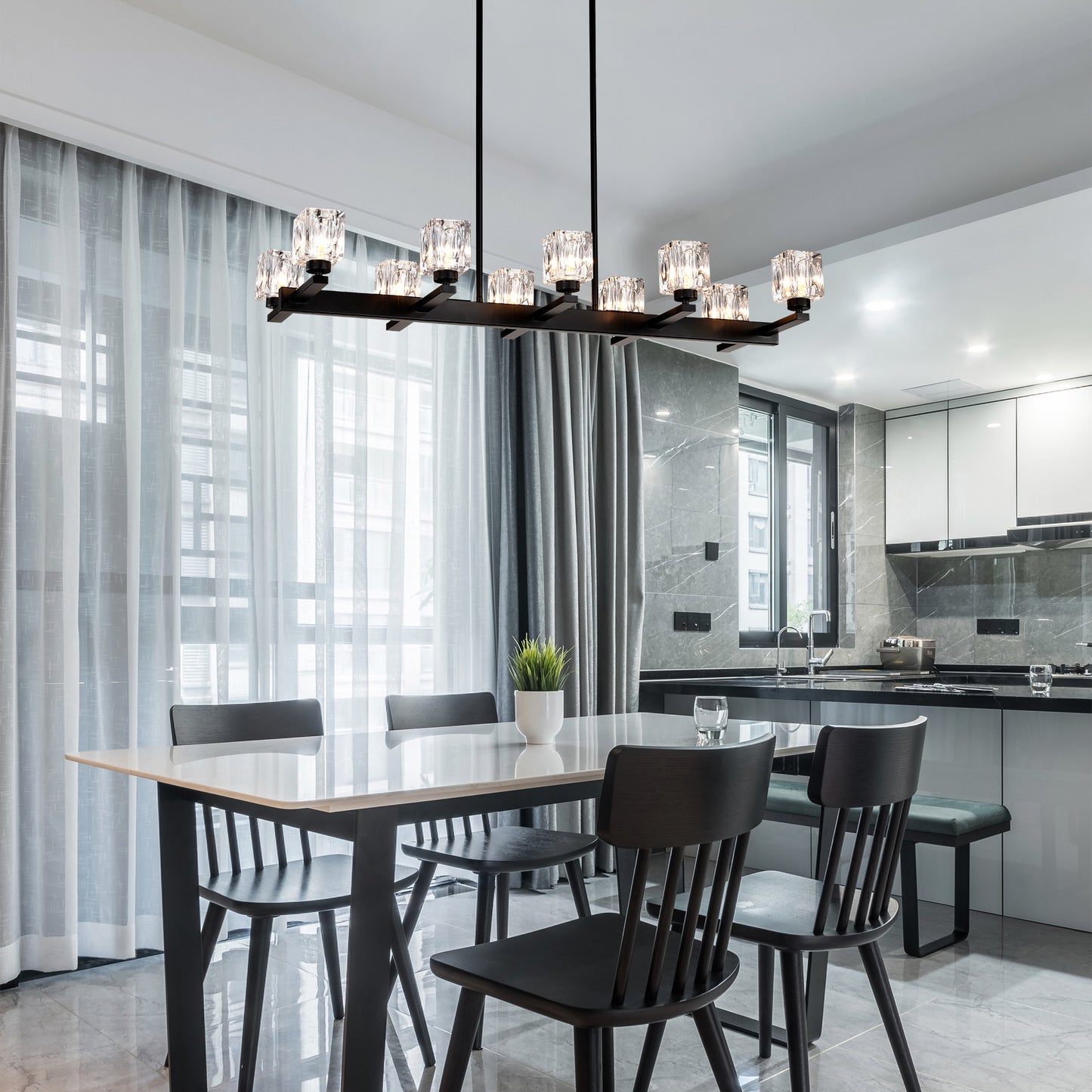 Chandelier for Dining Room, 10-Light Black Farmhouse Linear Pendant Light Fixture, Modern Crystal Hanging Lighting Chandelier for Kitchen Island, Bar, Long Table, G9 Bulb