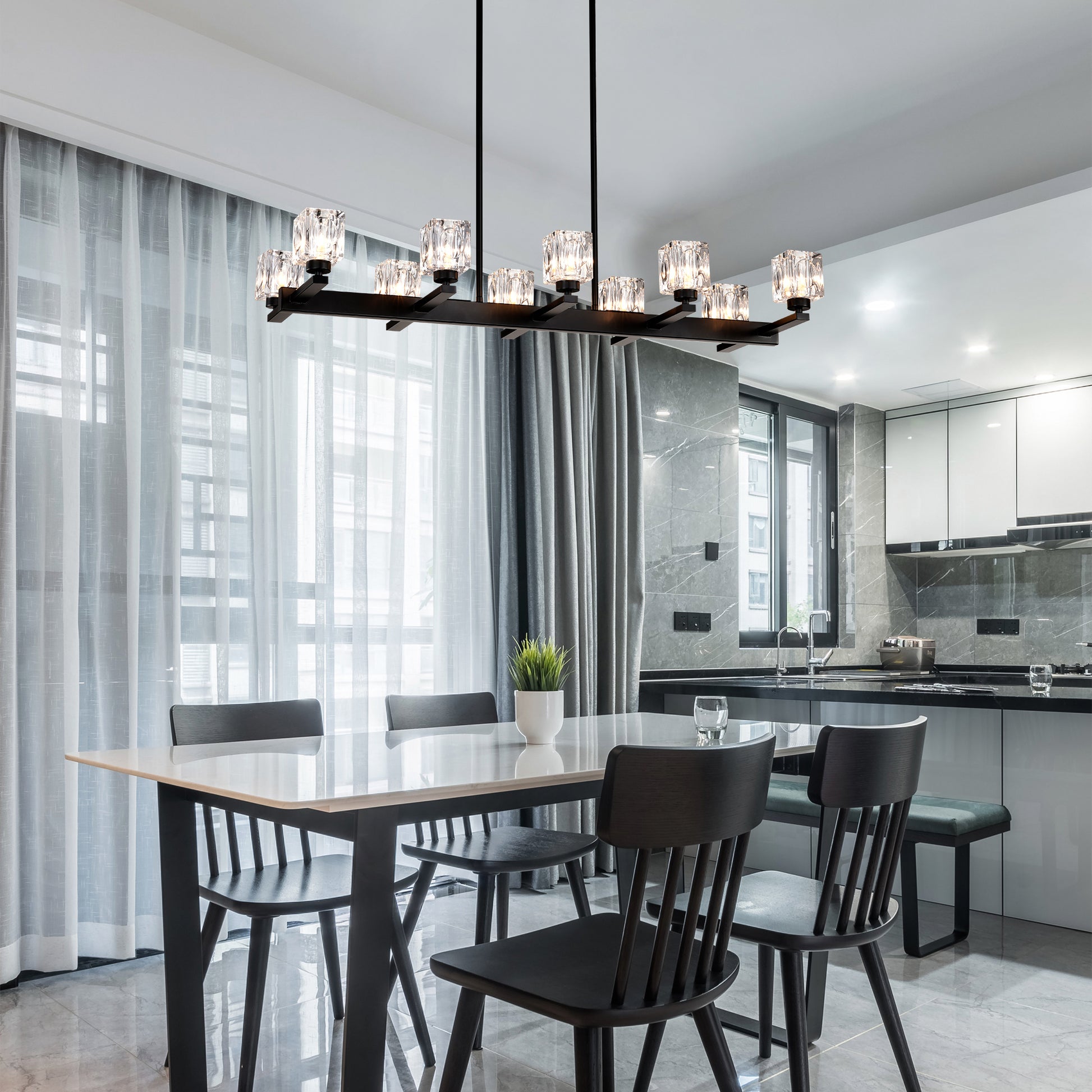 Chandelier for Dining Room, 10-Light Black Farmhouse Linear Pendant Light Fixture, Modern Crystal Hanging Lighting Chandelier for Kitchen Island, Bar, Long Table, G9 Bulb