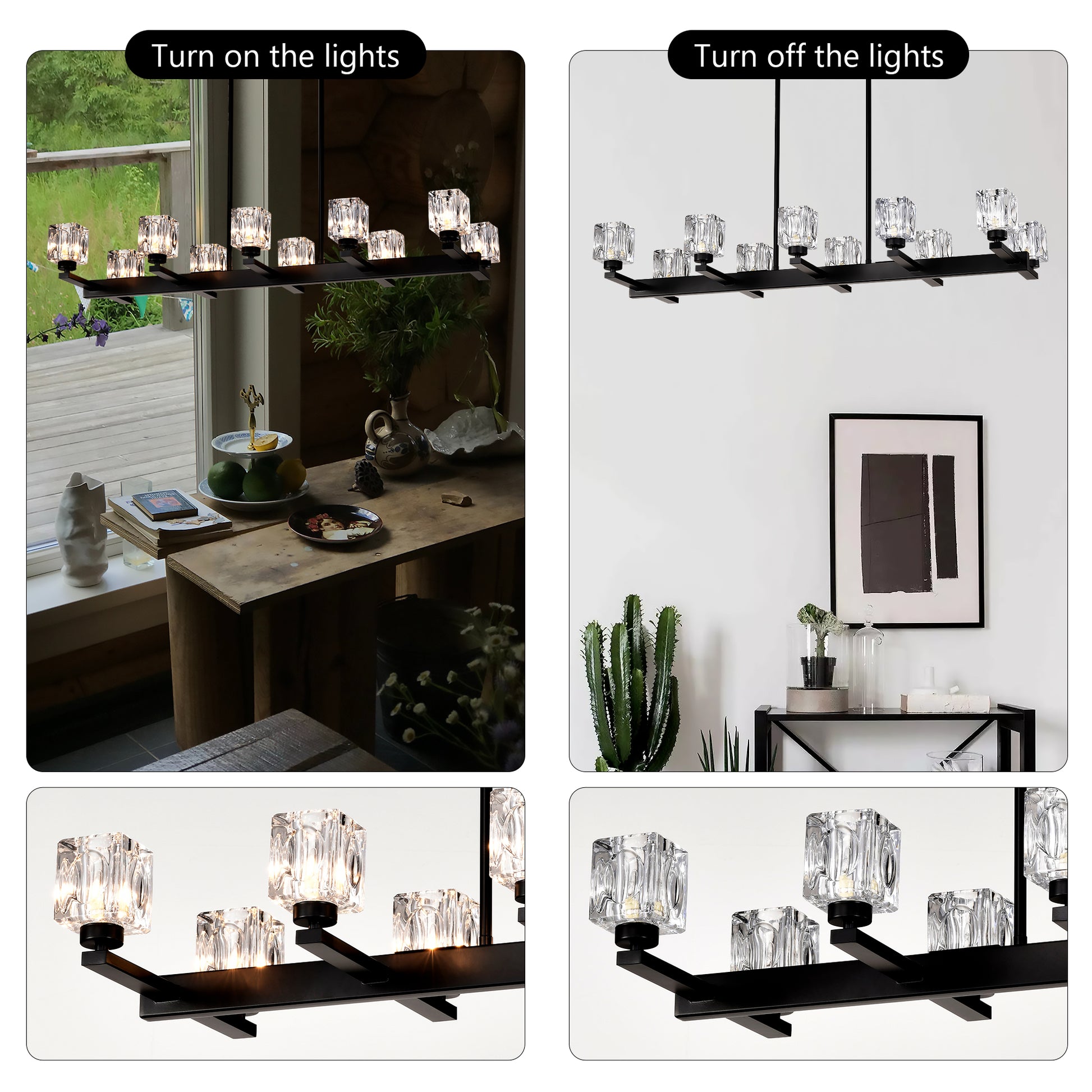 Chandelier for Dining Room, 10-Light Black Farmhouse Linear Pendant Light Fixture, Modern Crystal Hanging Lighting Chandelier for Kitchen Island, Bar, Long Table, G9 Bulb