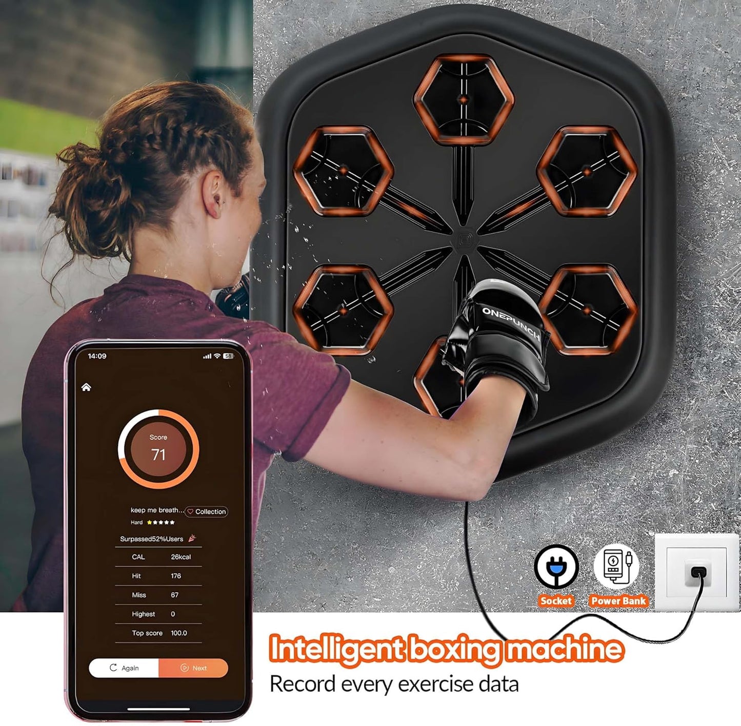 ONEPUNCH Music Boxing Machine for Adults, Electronic Boxing Equipment Pads with Bigger Panel & Boxing Gloves, Boxing Music Workout Machine for Release Stress, Velcro Installation, Height Adjustable