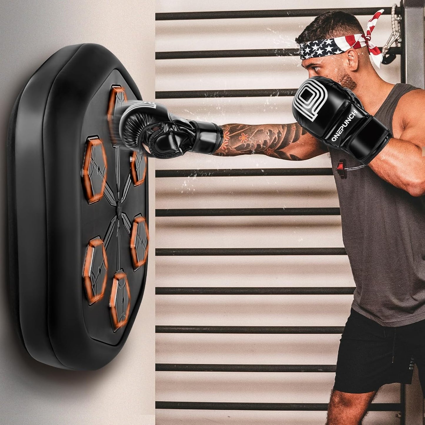 ONEPUNCH Music Boxing Machine for Adults, Electronic Boxing Equipment Pads with Bigger Panel & Boxing Gloves, Boxing Music Workout Machine for Release Stress, Velcro Installation, Height Adjustable