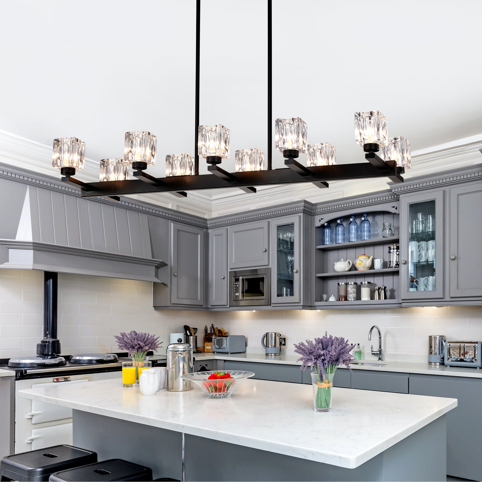 Chandelier for Dining Room, 10-Light Black Farmhouse Linear Pendant Light Fixture, Modern Crystal Hanging Lighting Chandelier for Kitchen Island, Bar, Long Table, G9 Bulb