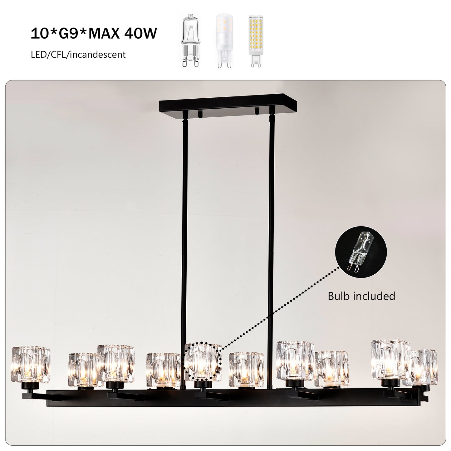 Chandelier for Dining Room, 10-Light Black Farmhouse Linear Pendant Light Fixture, Modern Crystal Hanging Lighting Chandelier for Kitchen Island, Bar, Long Table, G9 Bulb