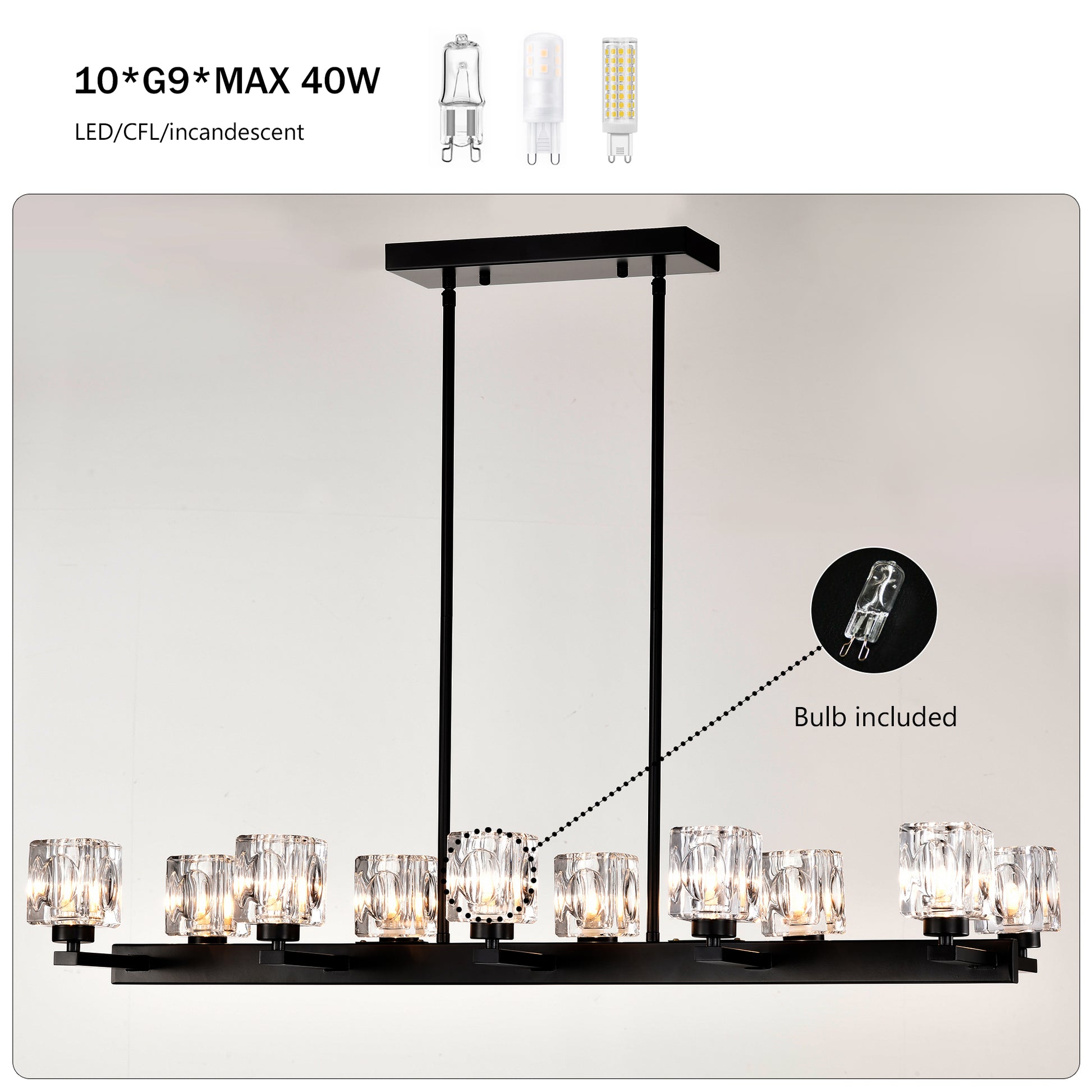 Chandelier for Dining Room, 10-Light Black Farmhouse Linear Pendant Light Fixture, Modern Crystal Hanging Lighting Chandelier for Kitchen Island, Bar, Long Table, G9 Bulb