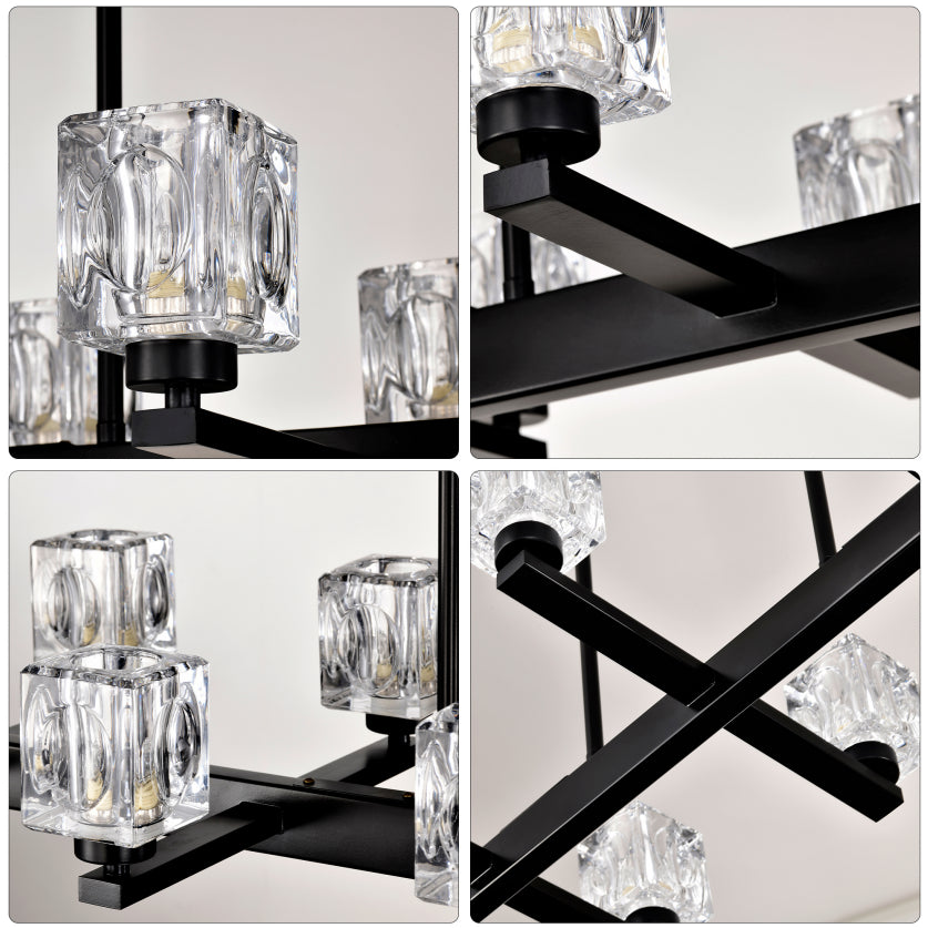 Chandelier for Dining Room, 10-Light Black Farmhouse Linear Pendant Light Fixture, Modern Crystal Hanging Lighting Chandelier for Kitchen Island, Bar, Long Table, G9 Bulb