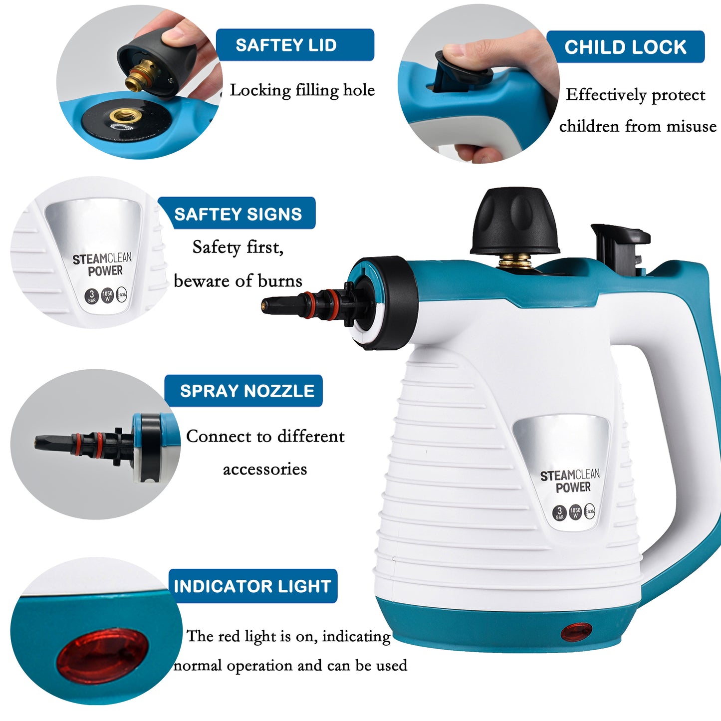 Handheld Steam Cleaner, 1050W Steamer for Cleaning with 9 Pcs Accessories, for Kitchen Sofa Bathroom Car Window