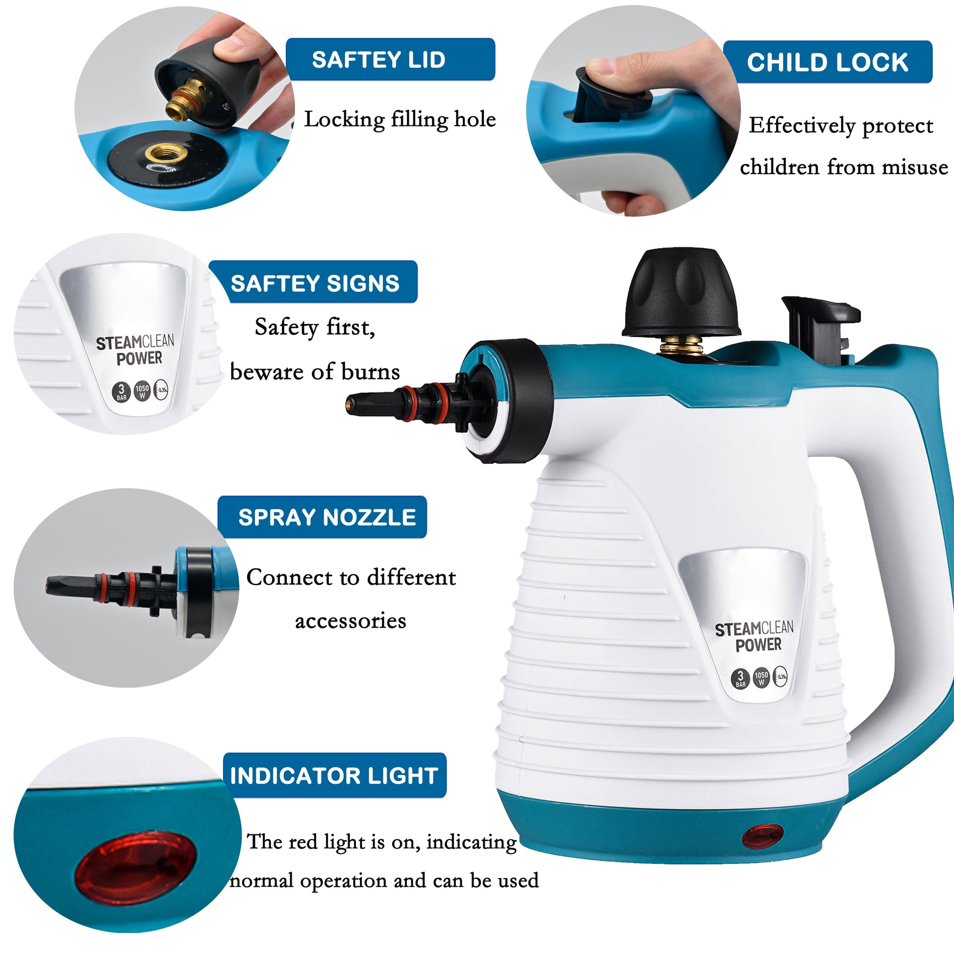 Handheld Steam Cleaner, 1050W Steamer for Cleaning with 9 Pcs Accessories, for Kitchen Sofa Bathroom Car Window