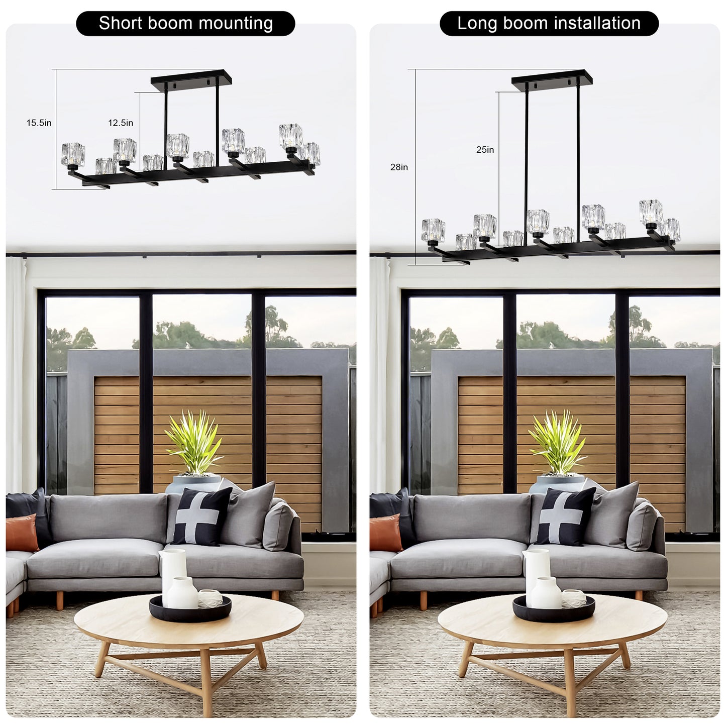 Chandelier for Dining Room, 10-Light Black Farmhouse Linear Pendant Light Fixture, Modern Crystal Hanging Lighting Chandelier for Kitchen Island, Bar, Long Table, G9 Bulb