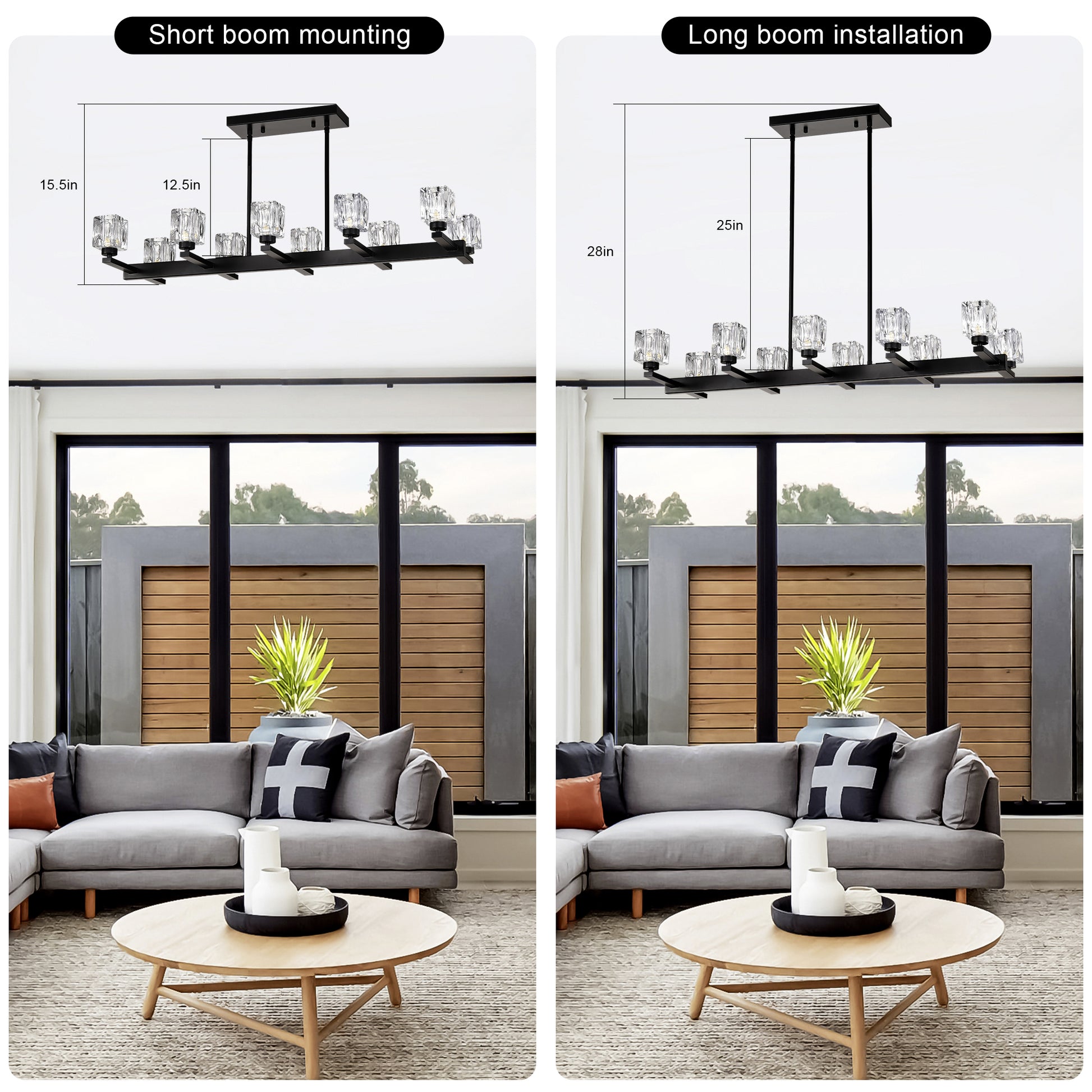 Chandelier for Dining Room, 10-Light Black Farmhouse Linear Pendant Light Fixture, Modern Crystal Hanging Lighting Chandelier for Kitchen Island, Bar, Long Table, G9 Bulb