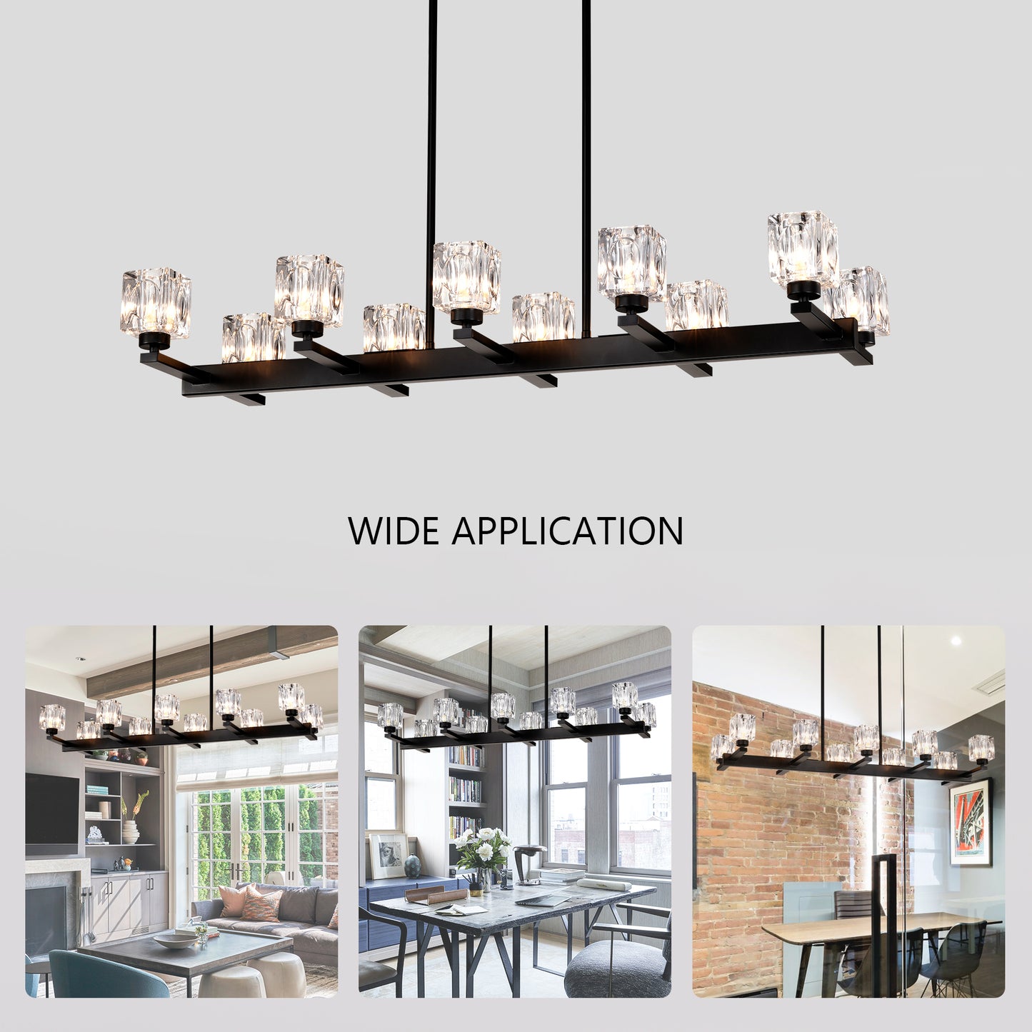 Chandelier for Dining Room, 10-Light Black Farmhouse Linear Pendant Light Fixture, Modern Crystal Hanging Lighting Chandelier for Kitchen Island, Bar, Long Table, G9 Bulb