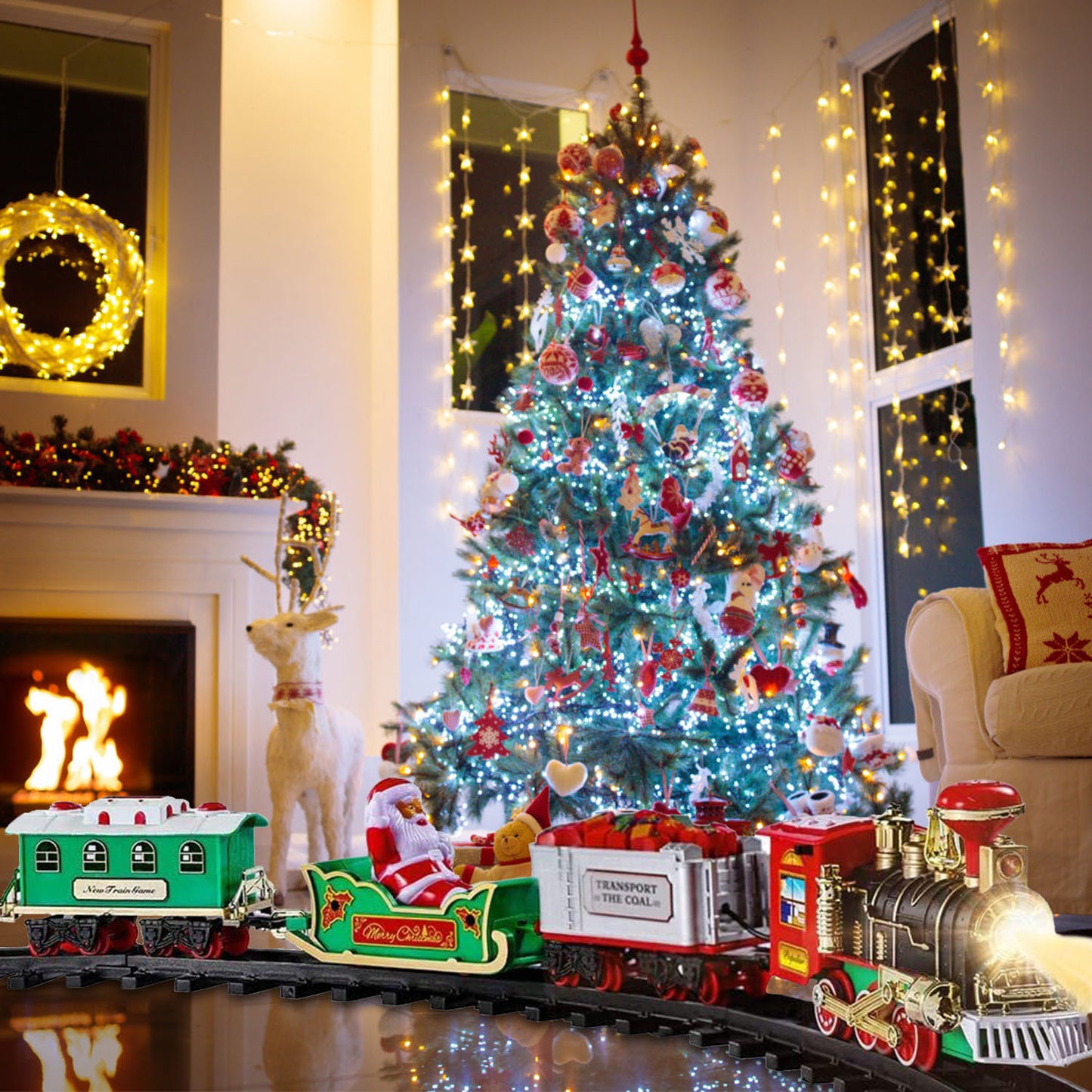 Electric Train Set Kid Toy Xmas Steam Train Kit Tree Surround Track Battery Operated with Sound Light Santa Claus Christmas Gift