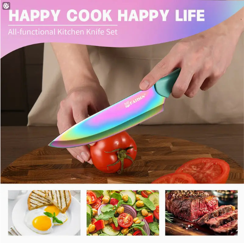 14-Piece Rainbow Colored High Carbon Stainless Steel Kitchen Knife Set, Titanium Coated Blade, Rust-Free & Super Sharp, Flatware Set with Wooden Stand & Kitchen Scissors, for Family & Restaurateurs