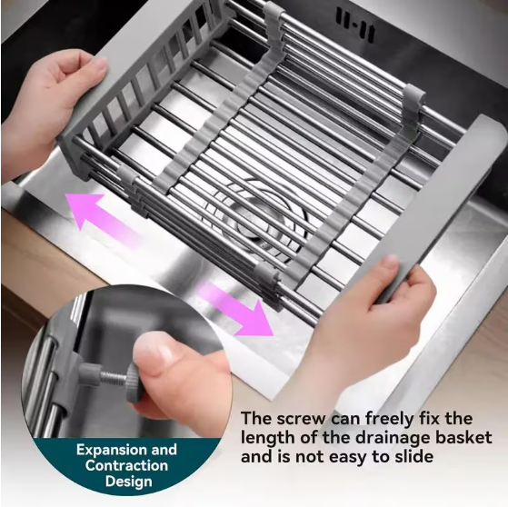Adjustable Immersion Sink Dish Drying Rack with Stainless Steel Drain Basket - Portable and Retractable Space-Saving Fruit and Vegetable Solution