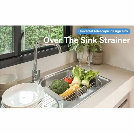 Adjustable Immersion Sink Dish Drying Rack with Stainless Steel Drain Basket - Portable and Retractable Space-Saving Fruit and Vegetable Solution