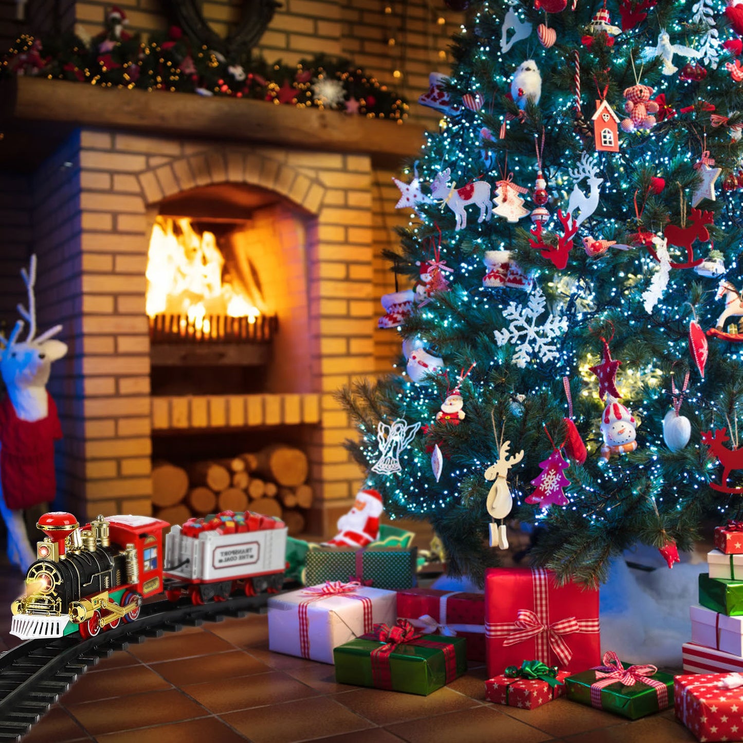 Electric Train Set Kid Toy Xmas Steam Train Kit Tree Surround Track Battery Operated with Sound Light Santa Claus Christmas Gift