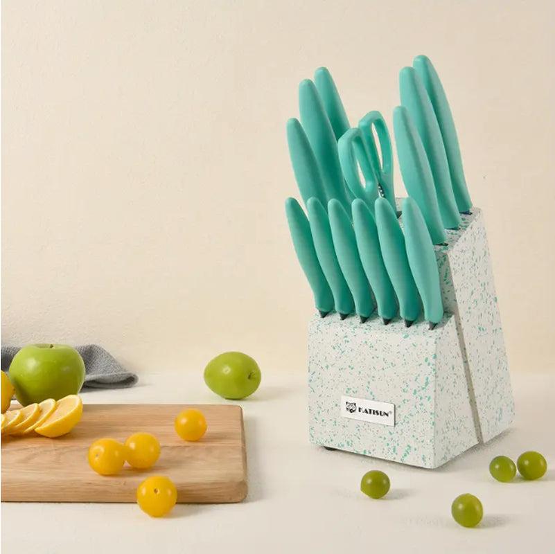 14-Piece Rainbow Colored High Carbon Stainless Steel Kitchen Knife Set, Titanium Coated Blade, Rust-Free & Super Sharp, Flatware Set with Wooden Stand & Kitchen Scissors, for Family & Restaurateurs