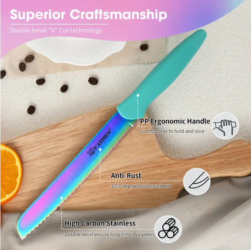 14-Piece Rainbow Colored High Carbon Stainless Steel Kitchen Knife Set, Titanium Coated Blade, Rust-Free & Super Sharp, Flatware Set with Wooden Stand & Kitchen Scissors, for Family & Restaurateurs