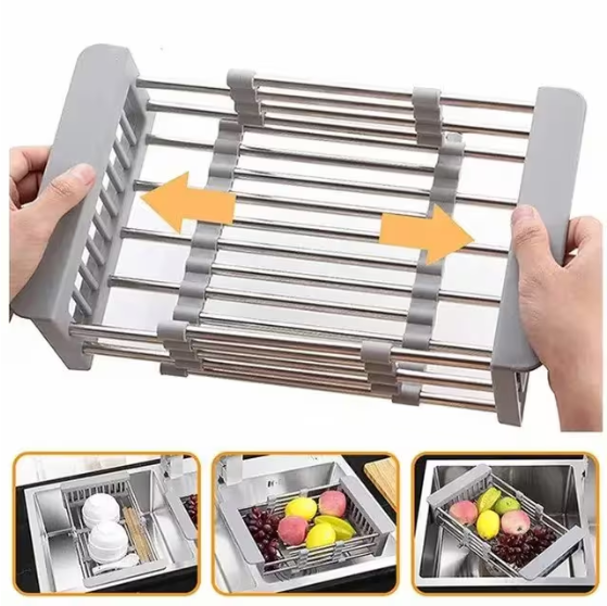 Adjustable Immersion Sink Dish Drying Rack with Stainless Steel Drain Basket - Portable and Retractable Space-Saving Fruit and Vegetable Solution