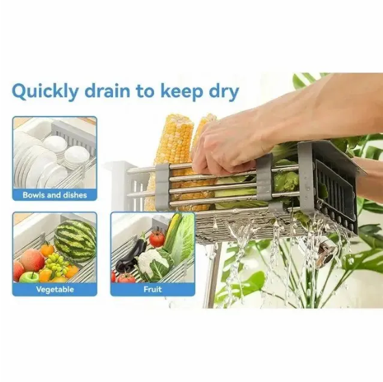 Adjustable Immersion Sink Dish Drying Rack with Stainless Steel Drain Basket - Portable and Retractable Space-Saving Fruit and Vegetable Solution