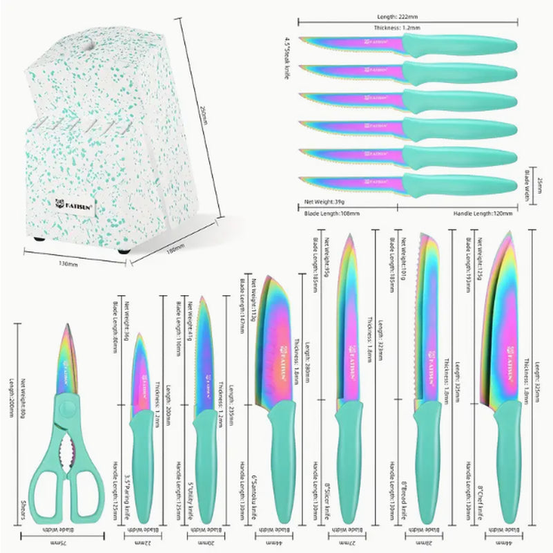 14-Piece Rainbow Colored High Carbon Stainless Steel Kitchen Knife Set, Titanium Coated Blade, Rust-Free & Super Sharp, Flatware Set with Wooden Stand & Kitchen Scissors, for Family & Restaurateurs