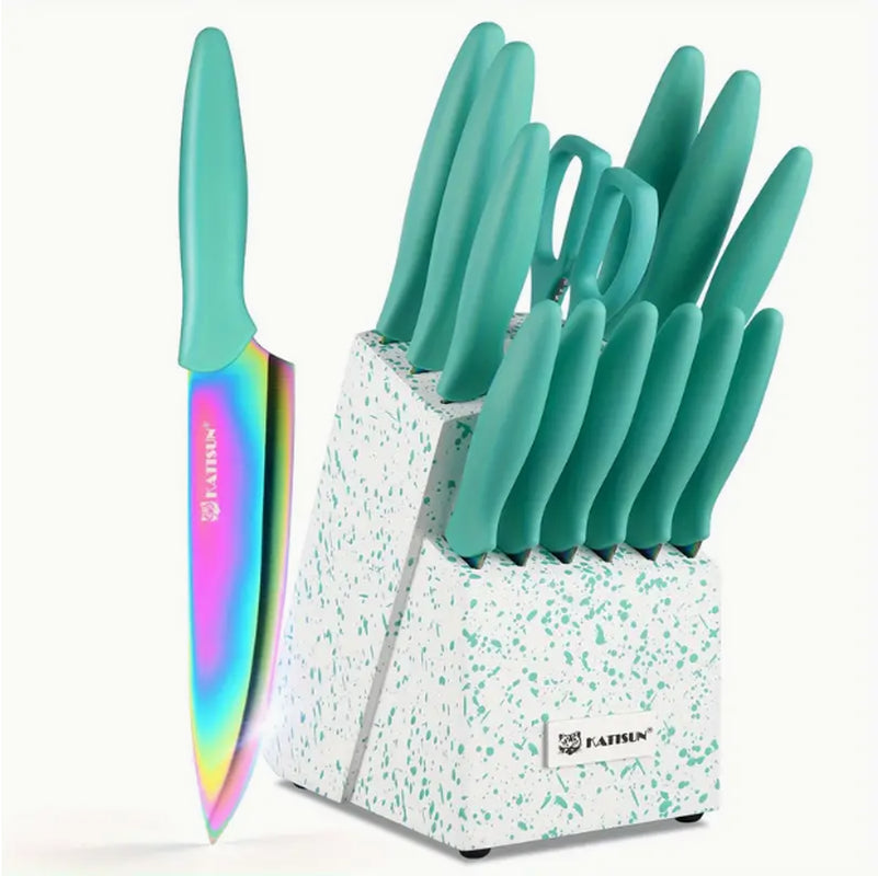 14-Piece Rainbow Colored High Carbon Stainless Steel Kitchen Knife Set, Titanium Coated Blade, Rust-Free & Super Sharp, Flatware Set with Wooden Stand & Kitchen Scissors, for Family & Restaurateurs