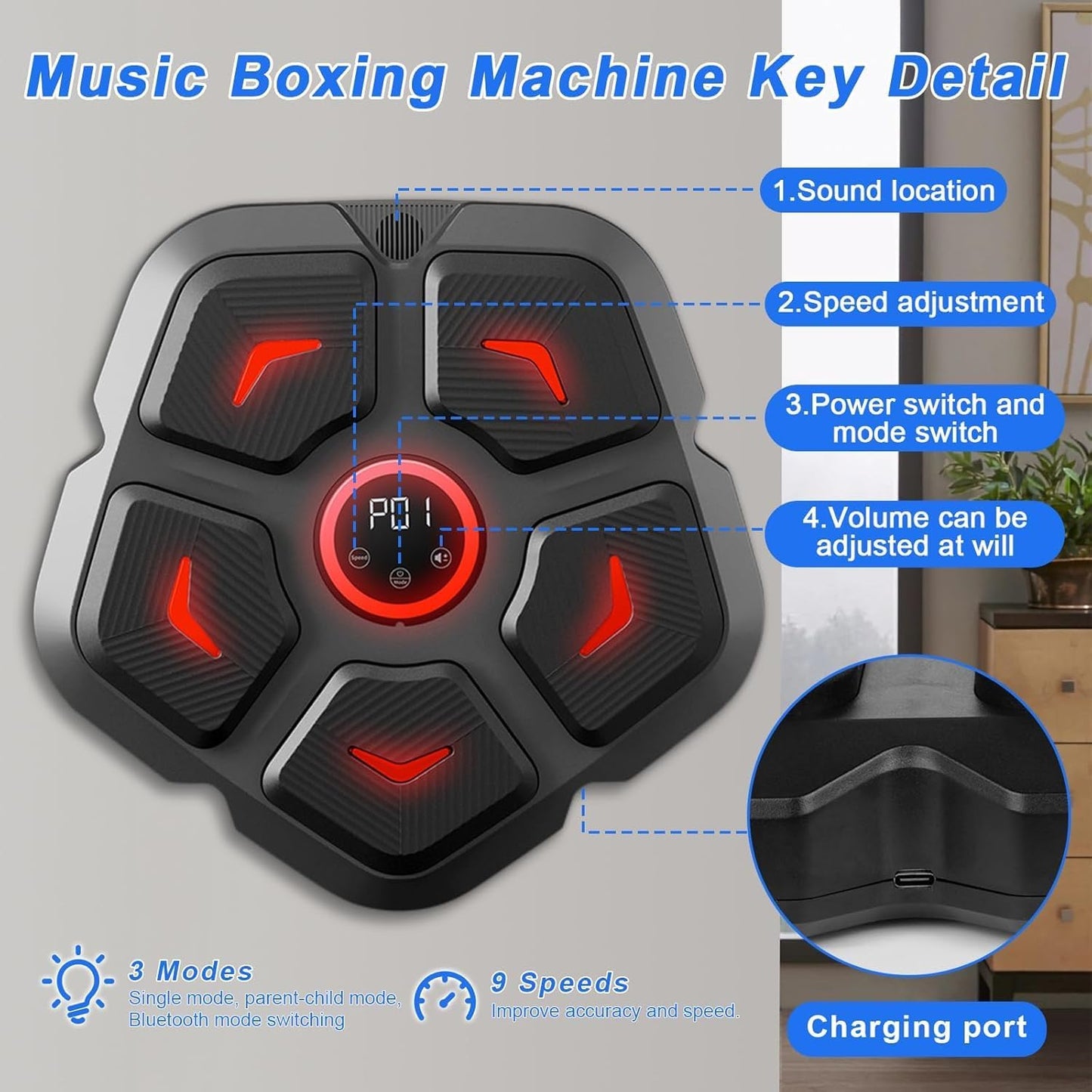 DEMPOWER Music Boxing Machine, Smart Music Boxing Machine with Boxing Gloves, Wall Mounted LED Light Punching Machine, Bluetooth Connected 9 Speed & Mode Adjustment, for Adults and Kids Home Workout