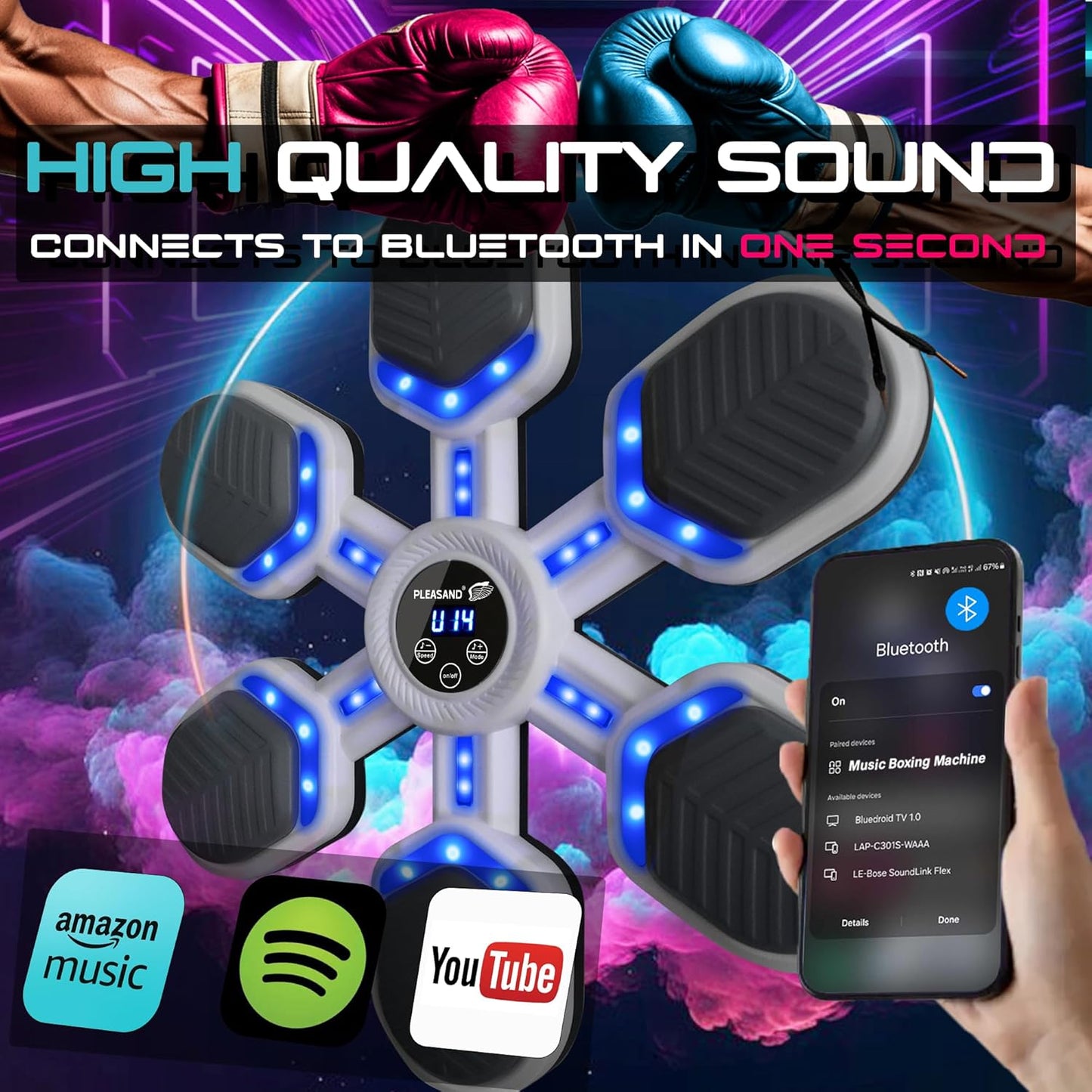 2025 Music Boxing Machine for Adults and Kids – Wall Mounted Smart Bluetooth Punching Game Pad with Boxing Gloves, 9 Modes 9 Speeds, Home and Gym Workout Equipment (Large, White)