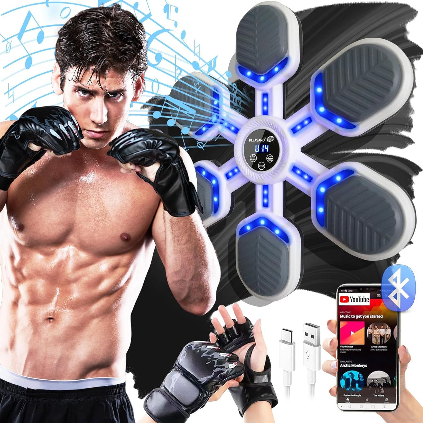 2025 Music Boxing Machine for Adults and Kids – Wall Mounted Smart Bluetooth Punching Game Pad with Boxing Gloves, 9 Modes 9 Speeds, Home and Gym Workout Equipment (Large, White)