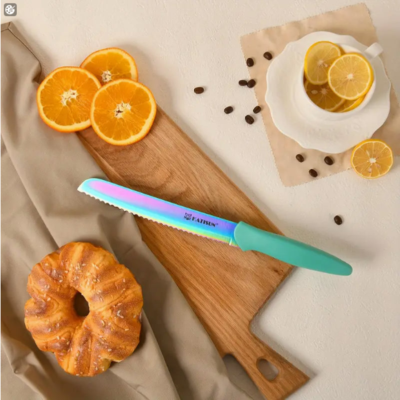 14-Piece Rainbow Colored High Carbon Stainless Steel Kitchen Knife Set, Titanium Coated Blade, Rust-Free & Super Sharp, Flatware Set with Wooden Stand & Kitchen Scissors, for Family & Restaurateurs
