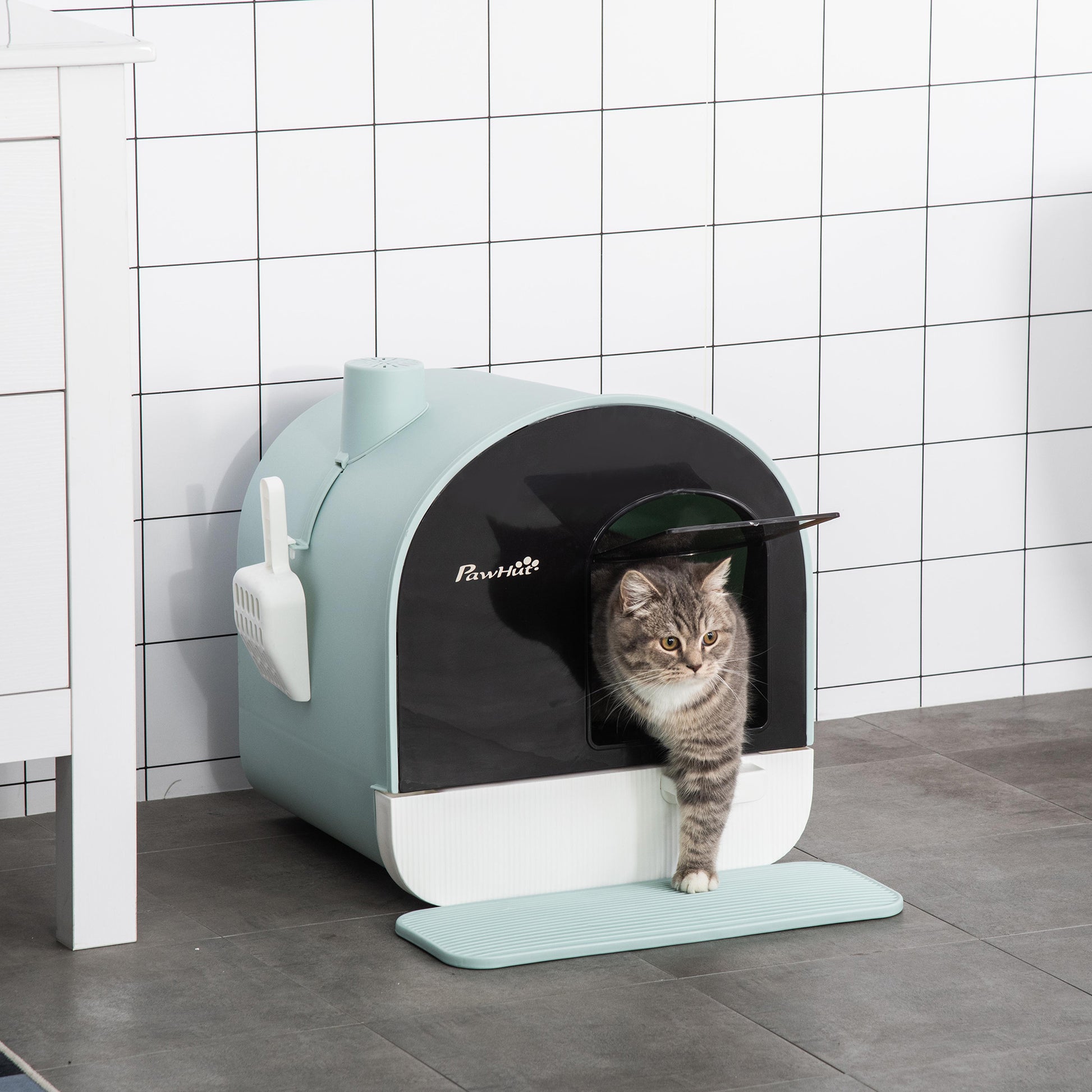 Cat Litter Box with Lid, Indoor Cat with Tray, Spoon, Strainer