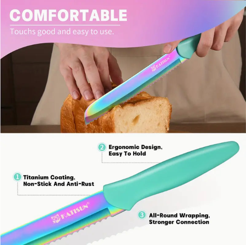 14-Piece Rainbow Colored High Carbon Stainless Steel Kitchen Knife Set, Titanium Coated Blade, Rust-Free & Super Sharp, Flatware Set with Wooden Stand & Kitchen Scissors, for Family & Restaurateurs