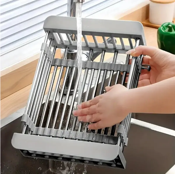 Adjustable Immersion Sink Dish Drying Rack with Stainless Steel Drain Basket - Portable and Retractable Space-Saving Fruit and Vegetable Solution