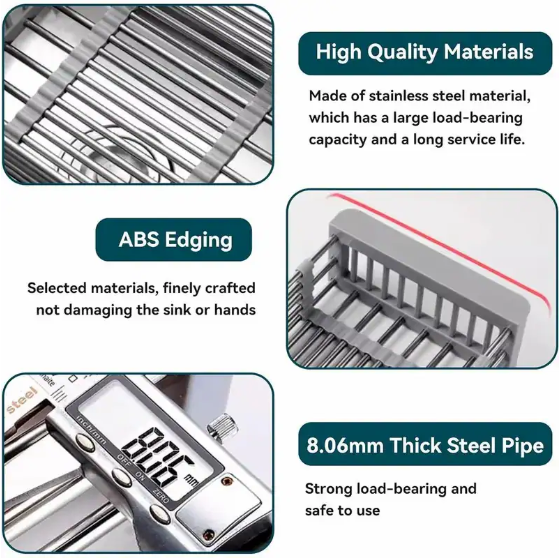 Adjustable Immersion Sink Dish Drying Rack with Stainless Steel Drain Basket - Portable and Retractable Space-Saving Fruit and Vegetable Solution