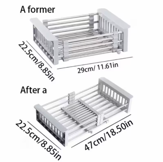 Adjustable Immersion Sink Dish Drying Rack with Stainless Steel Drain Basket - Portable and Retractable Space-Saving Fruit and Vegetable Solution