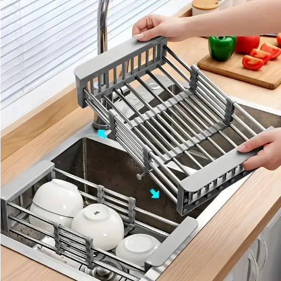 Adjustable Immersion Sink Dish Drying Rack with Stainless Steel Drain Basket - Portable and Retractable Space-Saving Fruit and Vegetable Solution
