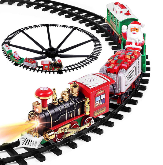 Electric Train Set Kid Toy Xmas Steam Train Kit Tree Surround Track Battery Operated with Sound Light Santa Claus Christmas Gift