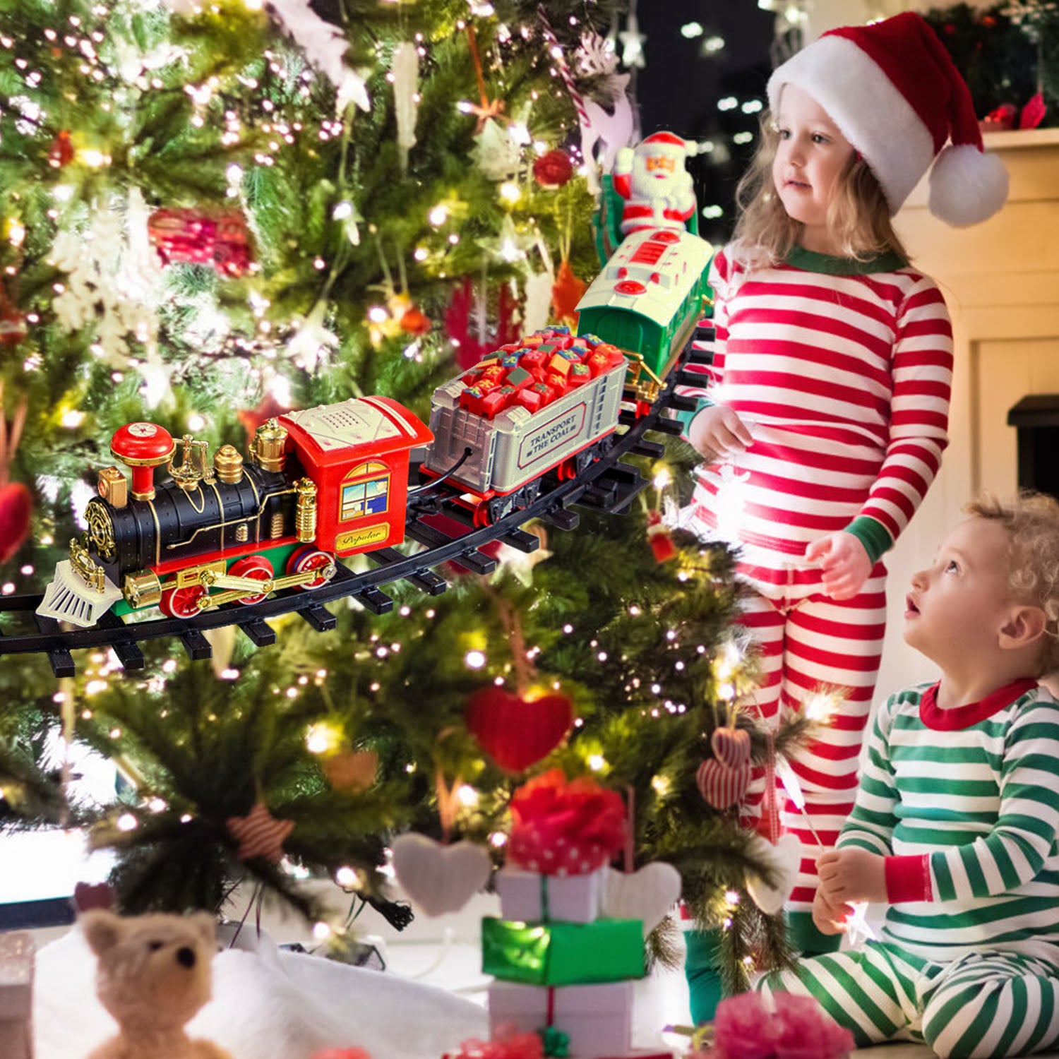 Electric Train Set Kid Toy Xmas Steam Train Kit Tree Surround Track Battery Operated with Sound Light Santa Claus Christmas Gift