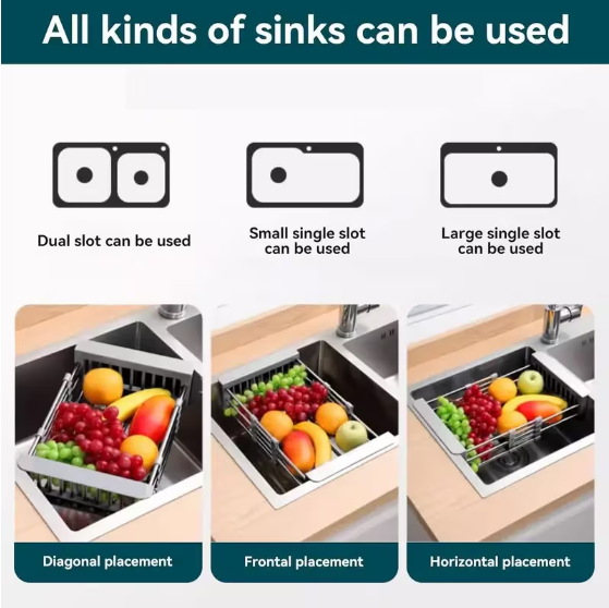 Adjustable Immersion Sink Dish Drying Rack with Stainless Steel Drain Basket - Portable and Retractable Space-Saving Fruit and Vegetable Solution